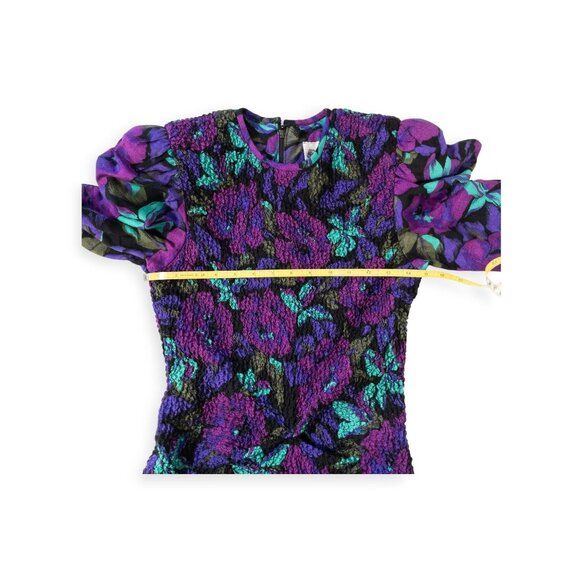Vintage 1980s Floral Puff Sleeve Dress ACT 1 Made In USA Purple - Picture 10 of 11